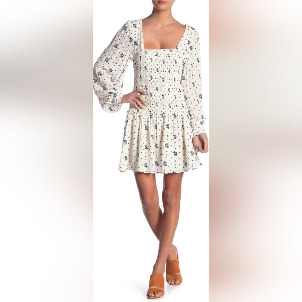 FREE PEOPLE Two Faces Long Sleeve Ruched Short BoHo Floral Dress White/blue. XS
